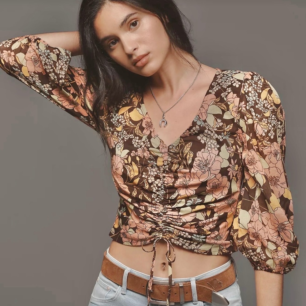 MOTHER The Cinch Top Brown Pink Floral Ruched Crop Blouse 70s Romantic Boho S